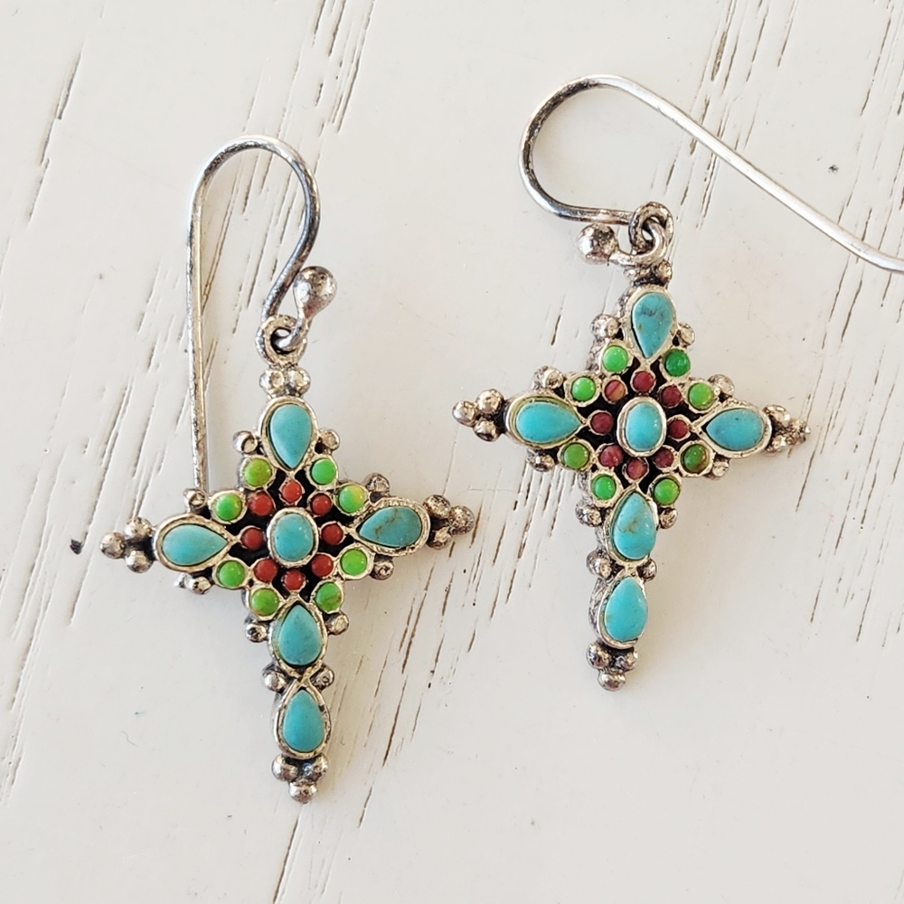 Barse Turquoise/Carneilan 925 Sterling Silver Cross Earrings - Picture 6 of 6